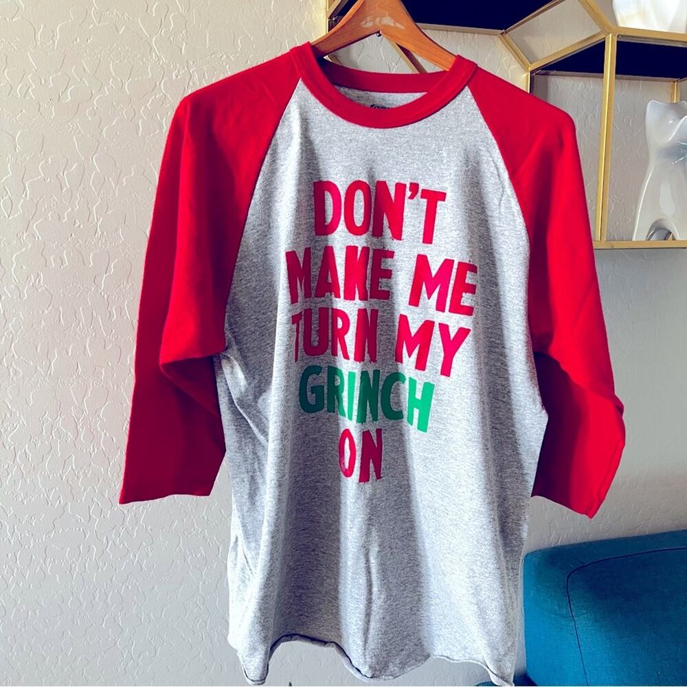 Soffe red gray green Grinch Christmas raglan tee shirt womens size large L party